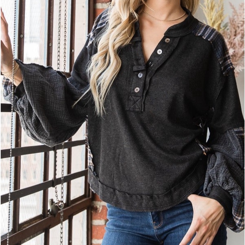 Oli & Hali Black Waffle Knit Button Henley Top with Plaid Accents